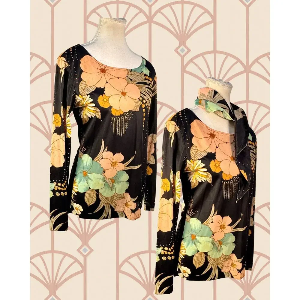 Vintage 70s Gina Di Roma Art Deco Floral Long Sleeve Scarf and Shirt Set  Size M